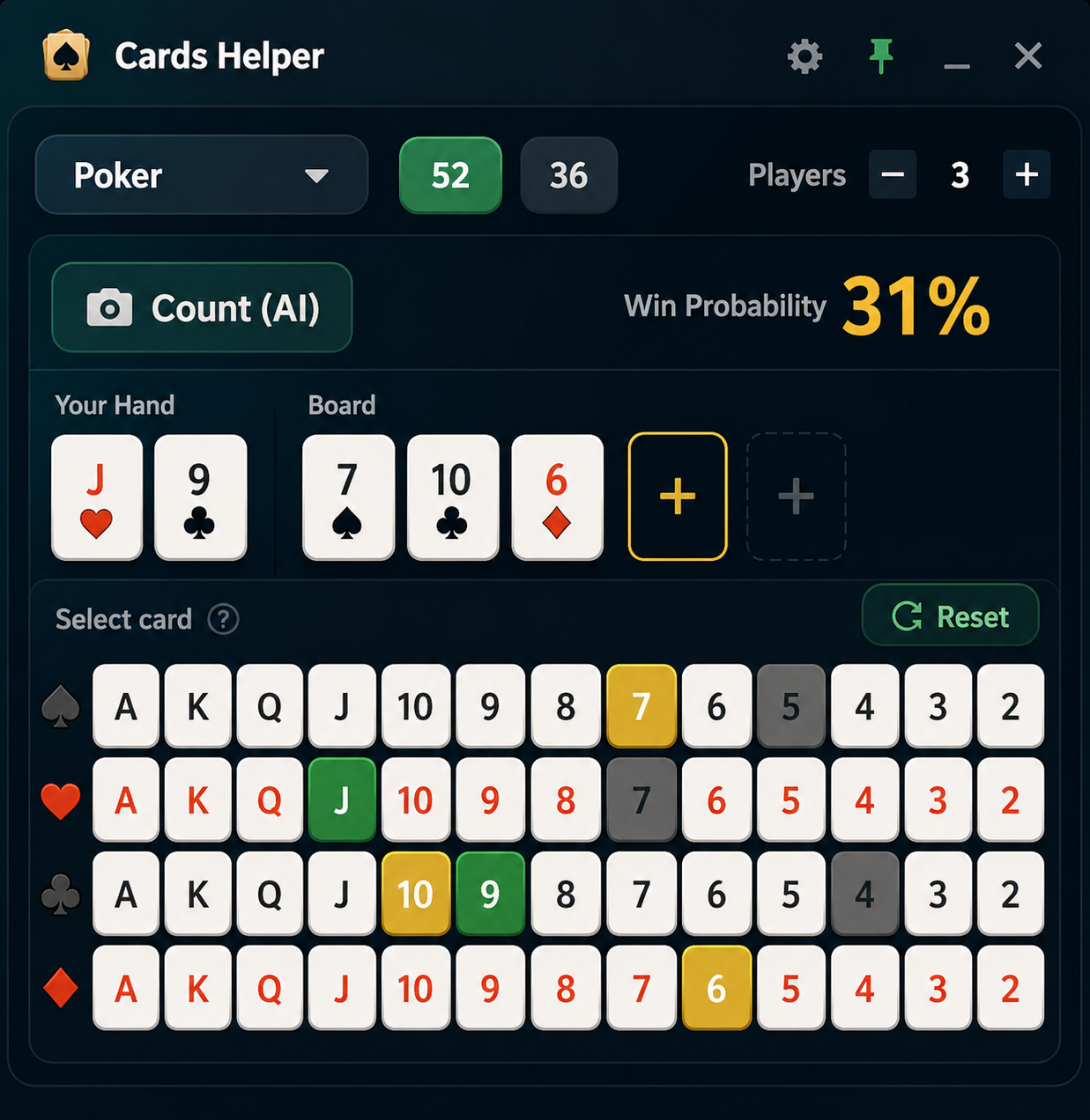 Zoomed view of the Advantage Players AI tool showing 31% win probability, hole cards and card tracker