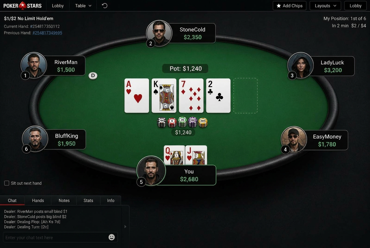 Online Texas Hold'em poker match with Advantage Players AI helper visible in the bottom-right corner